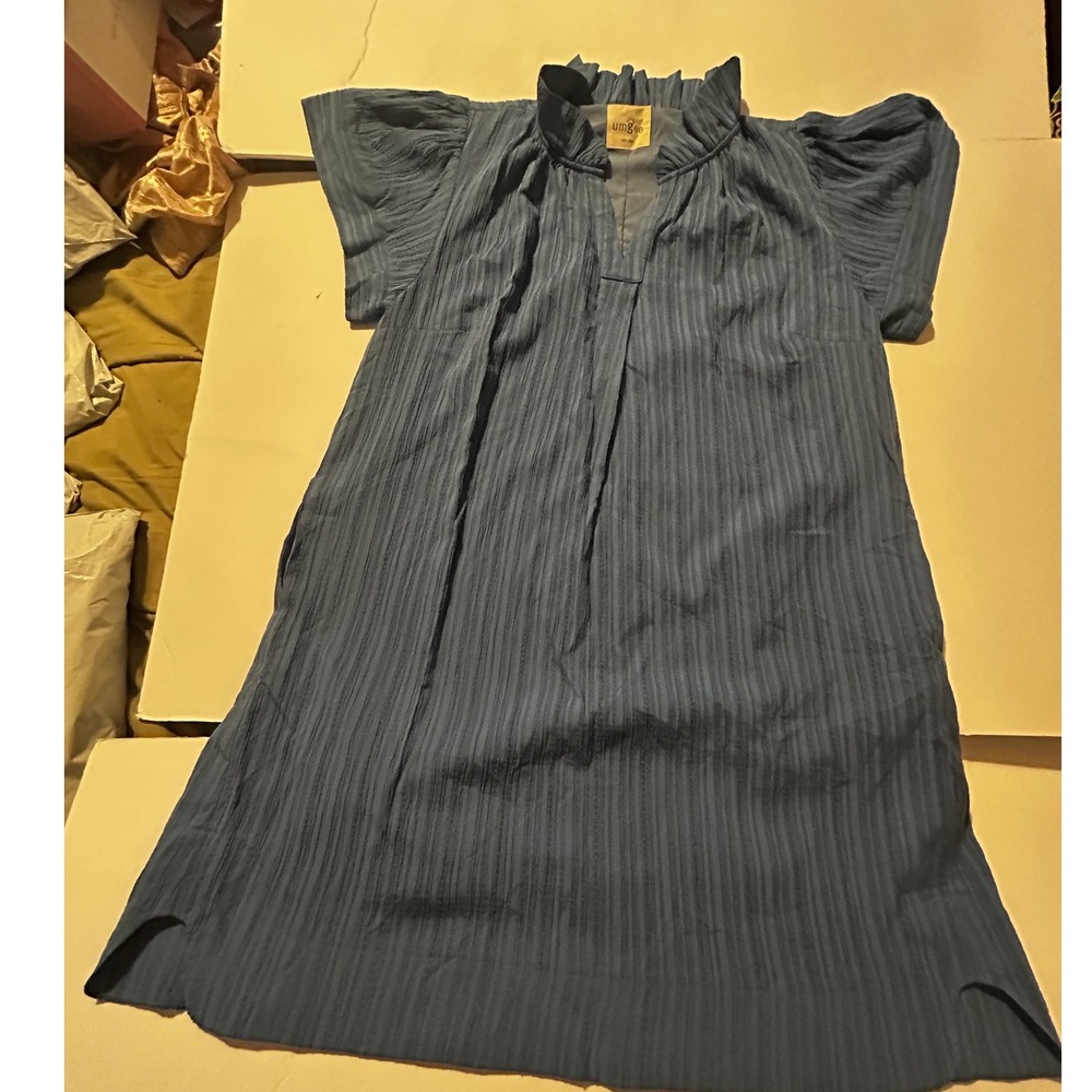Umgee Blue Crinkle Textured Ruffle Neck Shift Dress with Pockets Size Medium